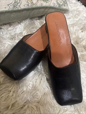 Black Leather Square-Toe Slip-On Mules by Ramon De Paola